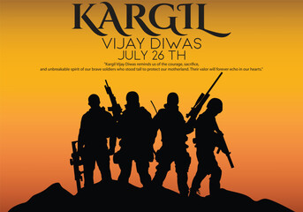 Kargil Vijay Diwas Memorial Vector - Silhouettes of Valiant Soldiers at Sunset with Inspirational Quote