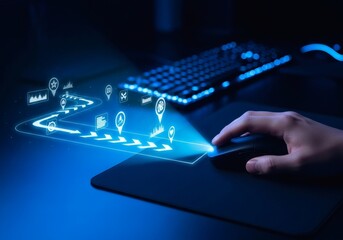 Hand using mouse with glowing path of icons and keyboard