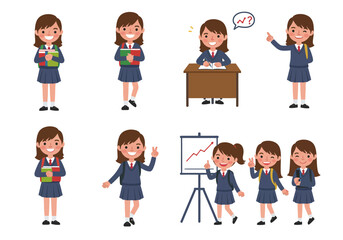 A set of cheerful cartoon illustrations featuring a young schoolgirl in uniform engaged in various educational poses and activities.
