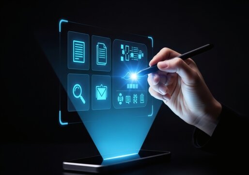 Hand using stylus on futuristic holographic interface with icons