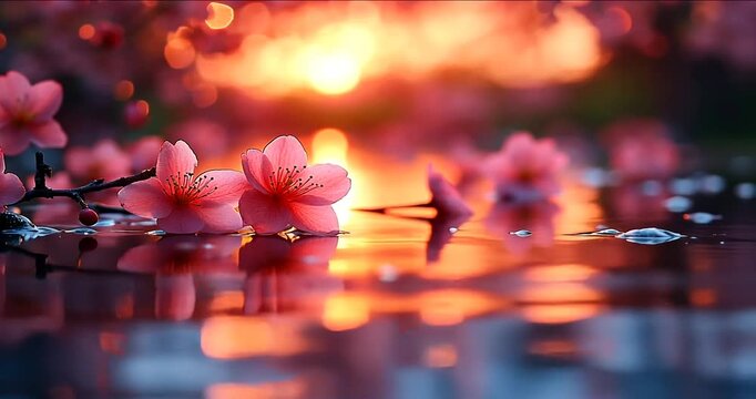 A single pink blossom floats elegantly in the water, its vibrant petals a symbol of spring's delicate beauty