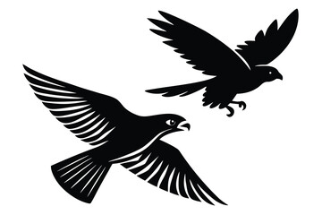 Obraz premium Silhouette Illustration of Two Hawks Flying With Open Wings on White Background