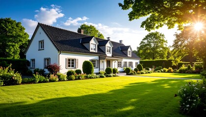 Obraz premium Picturesque house with a well-maintained garden on a sunny day.