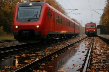 Fototapeta premium A Red Train Strolls Through a Rain-Soaked Landscape