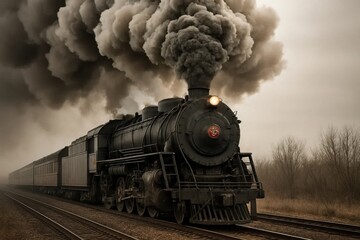 A steam locomotive chugs through a misty landscape, its smoke billowing into the air as it pulls along a series of passenger cars