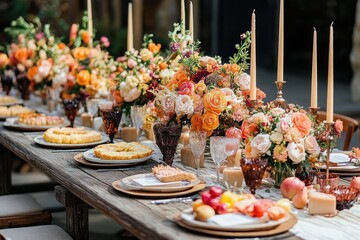 Elegant rustic wooden dining table set with toasted pies, floral centerpieces in soft orange and pink hues, tall cream taper candles, and glassware for a festive gathering