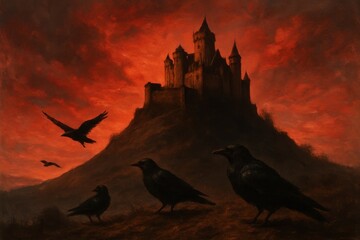 Obraz premium Silhouetted against a fiery sky, three ravens stand guard in front of an ancient castle, their silhouettes etched against the vibrant red hues