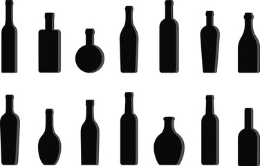 Bottle silhouette illustration, black vector design, packaging shape variety, tall and short bottles, product container icons, minimal style, no background, branding concept.