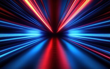 Symmetrical digital tunnel with dynamic red and blue neon light streaks creating a sense of depth and motion in a futuristic atmosphere