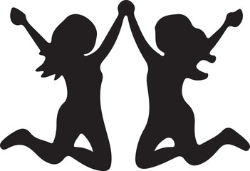 Silhouette Celebration Joyful Friendship Two Women Jumping in Unity Reaching for the Sky Expressing Happiness and Togetherness in Solidarity