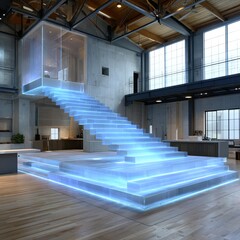 Fototapeta premium Holographic Projection Room with Illuminated Glass Staircase