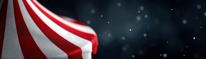 A close-up of a red and white striped circus tent against a dark background, evoking a sense of nostalgia and whimsy.