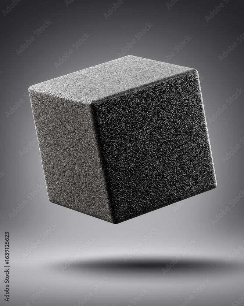 Poster a floating, textured gray cube against a dark background, emphasizing its geometric shape and shadow