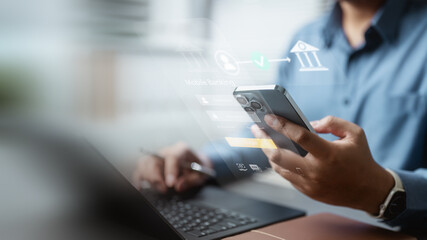 Online banking transfer money concept. Internet bank account deposit. Finance business. Financial...