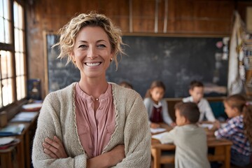Fototapeta premium A smiling teacher in a classroom with children.