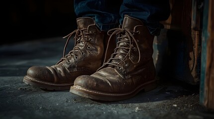 A dramatic close-up photo of well-worn leather boots by a doorway, covered in dust and mud, with lighting that emphasizes their rugged texture
