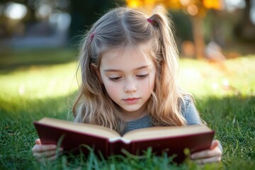 Young girl with blonde hair and pigtails reading a book attentively while sitting on green grass in a sunlit outdoor setting