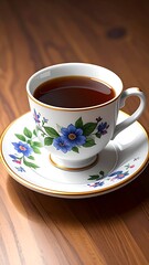 Decorative teacup and saucer with floral design on a wooden table.