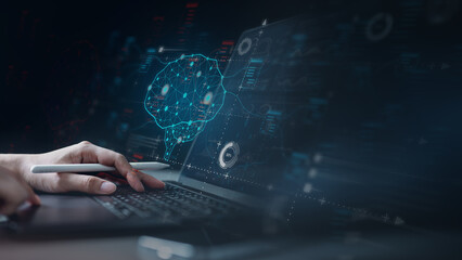 Artificial intelligence analytics technology. AI automation machine learning. Information data analysis. Neural network visualization tech. Digital integration. Romantic chatbot software developer.