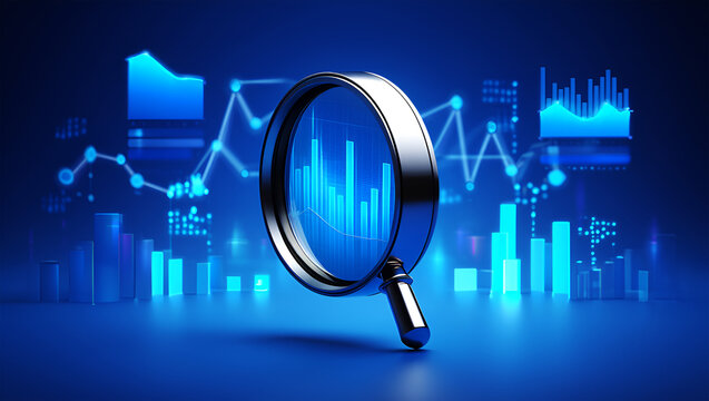 Magnifying glass over glowing blue financial charts and data image