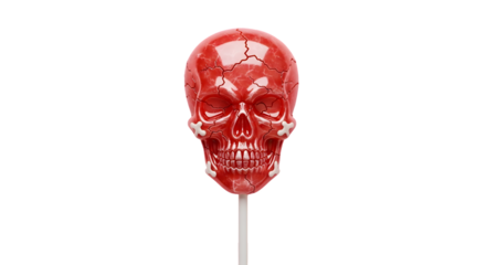 Strikingly realistic red skull lollipop with intricate cracks and bone accents, a bold and unique treat for Halloween or edgy celebrations
