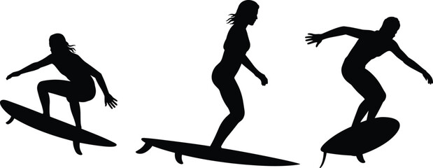 Surfing silhouette illustration, surfboard poses, wave riding action, ocean sport vector, black silhouettes, dynamic surfer stance, minimal design, water sports, no background.