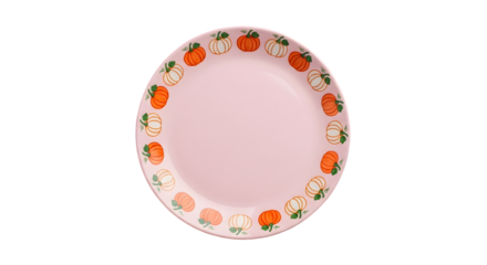 Charming pink plate adorned with a delightful pattern of festive orange and white pumpkins perfect for autumn celebrations and seasonal decor
