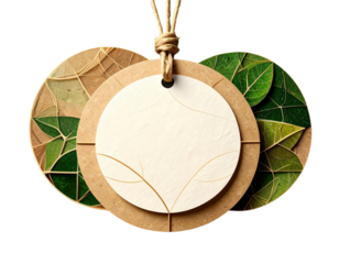 Hanging circular ecofriendly tags with natural leaf mosaic cardboard and textured paper.