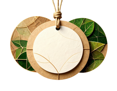 Hanging circular ecofriendly tags with natural leaf mosaic cardboard and textured paper.
