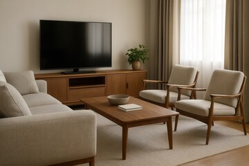 A serene living room with a wooden coffee table, two armchairs, and a flat-screen TV, bathed in soft natural light from a window adorned with sheer curtains
