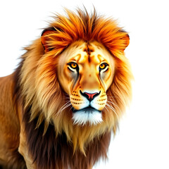 Fototapeta premium A vibrant multicolor lion with a shaggy mane and piercing yellow eyes, set against a pristine white background