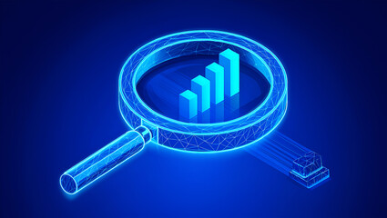 Magnifying glass over rising bar chart bars