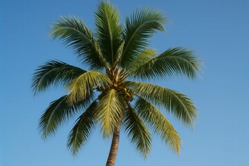 A lone palm tree stands tall against the azure sky, its fronds swaying gently in the breeze