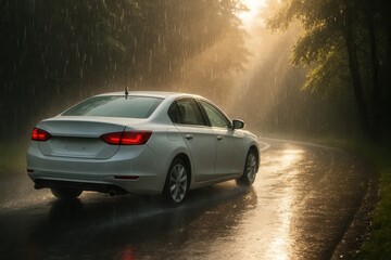 A Solitary Car's Journey Through the Forest at Dusk