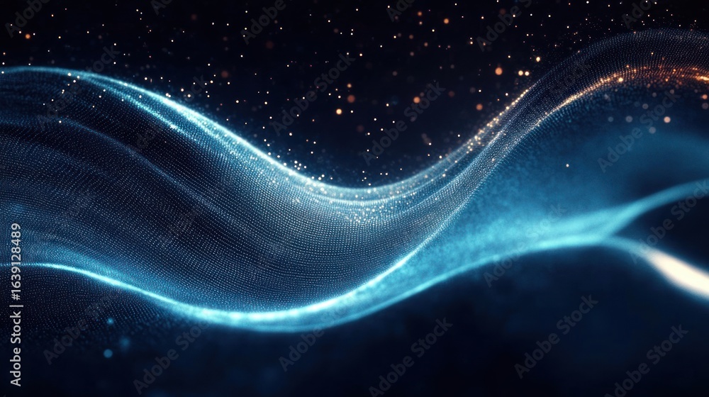 Aufkleber dynamic glowing blue wave of particles and digitized mesh floating in dark space with scattered oran