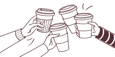 Hands of group people holding coffee in reusable cup, simple line. Together clink on break time. Fast take away drink. Takeaway drink in mug, coffee to go. Coffee lover. Vector illustration
Important 