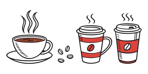 Coffee cup icon set. Cups of coffee tea collection. Hot drink icon. Disposable cup. Cup coffe with steam. Flat style. Vector Illustration. Vector Graphic