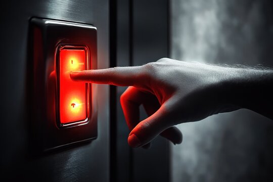 Close-up of a hand pressing a glowing red illuminated switch on a dark metallic panel, evoking caution and action