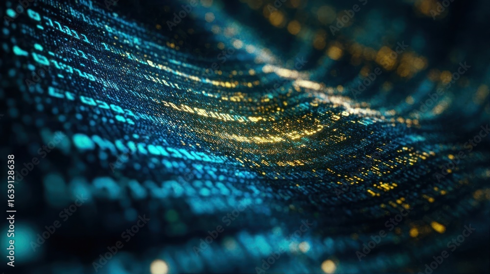 Poster close-up of flowing digital data streams in blue and gold colors creating a wave-like pattern repres
