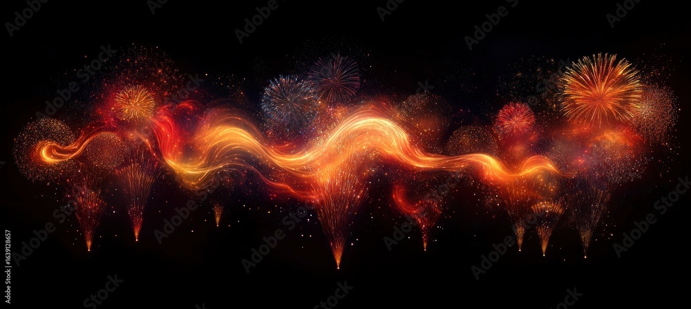 Poster vibrant display of golden and red fireworks bursting in the night sky with flowing light trails crea