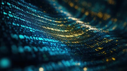 Close-up of flowing digital data streams in blue and gold colors creating a wave-like pattern representing abstract technology and information flow