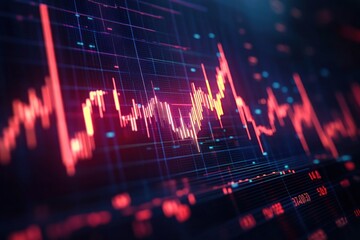 Close-up of a digital financial graph with red and orange fluctuating candlestick lines and grid background representing market data and analysis