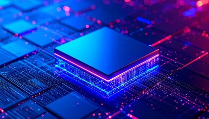 Blue futuristic electronic circuit board with a processor chip on a motherboard symbolizes the interconnected flow of digital data in technology