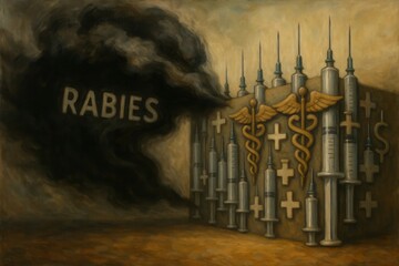 RABIES is inscribed on a dark backdrop with medical symbols, suggesting a theme of disease or healthcare