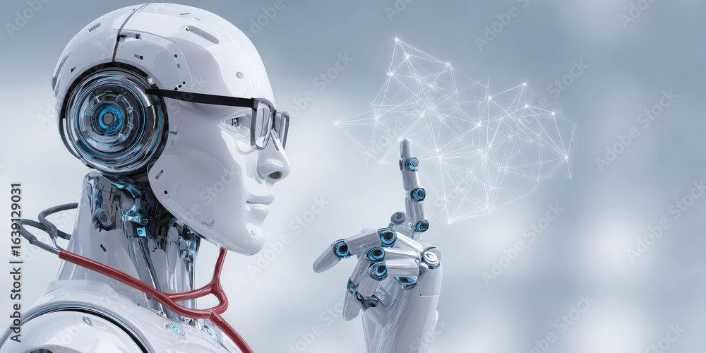 Aufkleber humanoid robot with glasses and stethoscope interacts with digital network, symbolizing integration 