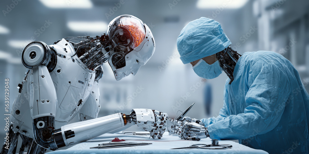 Poster humanoid robot collaborates with surgeon in high tech operating room, showcasing integration of arti