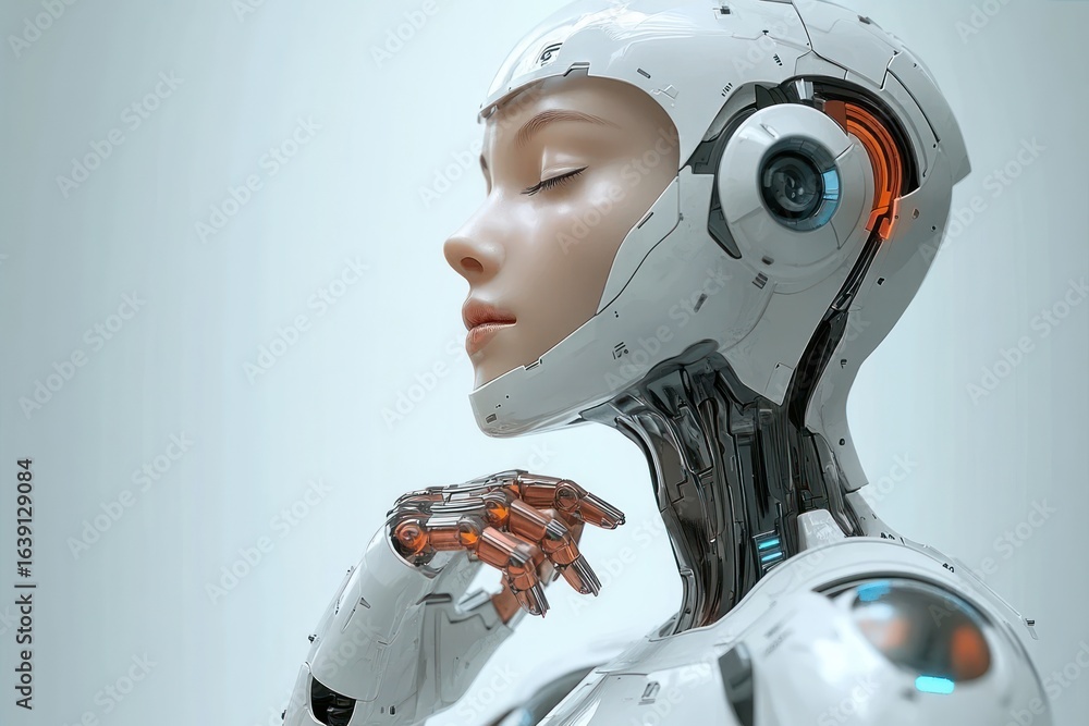 Poster profile of a serene humanoid robot with closed eyes in a futuristic white and metallic design with i