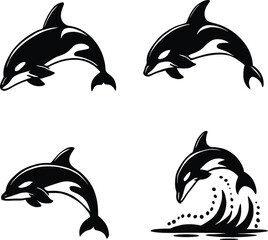 Dolphin silhouette illustration, black and white marine animal, jumping dolphin pose, swimming motion, ocean wildlife art, stylized sea creature, educational use, no background.