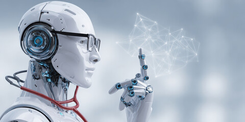 Humanoid robot with glasses and stethoscope interacts with digital network, symbolizing integration of artificial intelligence in healthcare