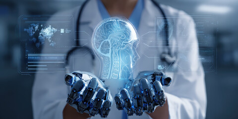 Doctor in white coat holds digital hologram of brain, symbolizing integration of AI in healthcare. futuristic setting emphasizes innovation in medical technology